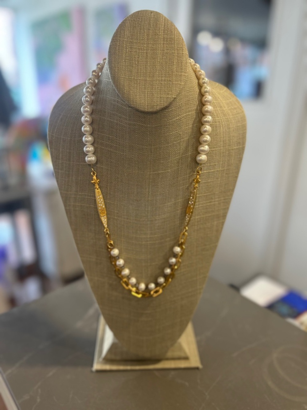 24K gold clad Chain and FreshwaterWhite Pearl Layered Necklace by French Kande - Picture 6 of 8